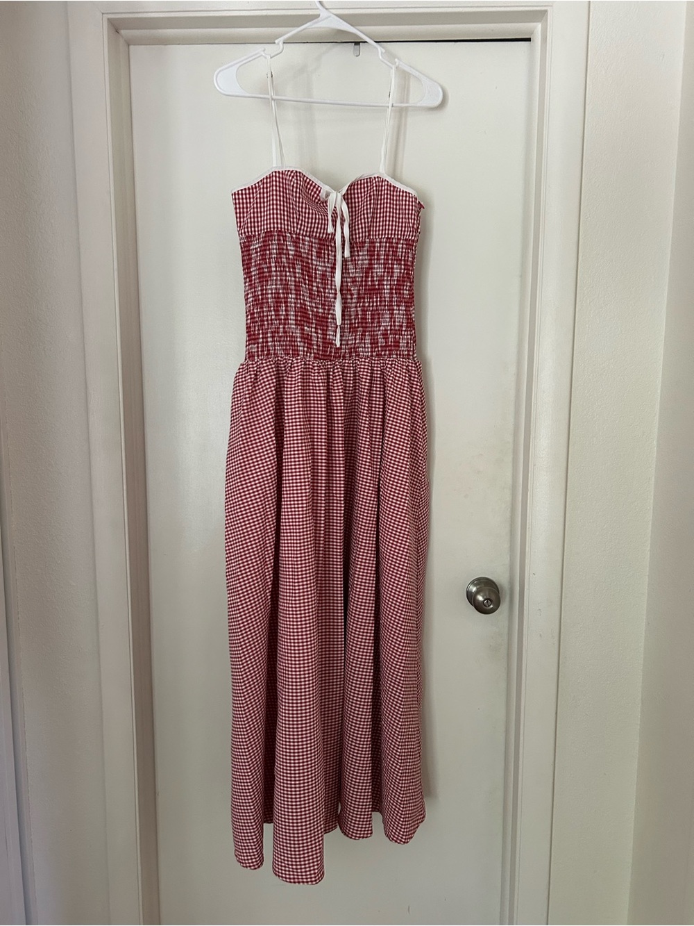 Red Gingham Smocked Maxi Dress with Tie Front